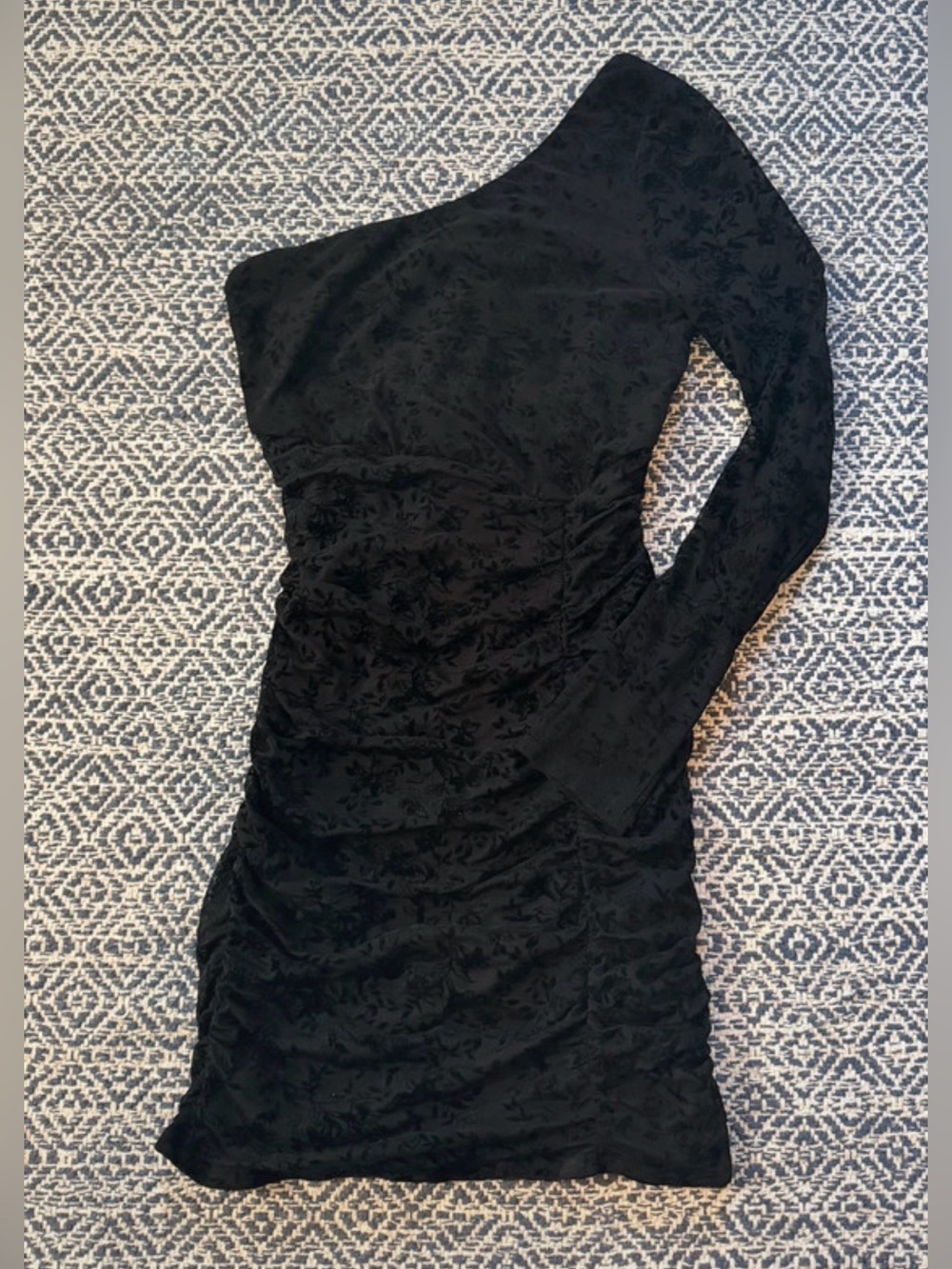 Black Y2K Velvet Velour Subtle Floral Print One Shoulder Bodycon Mini Dress Sz M